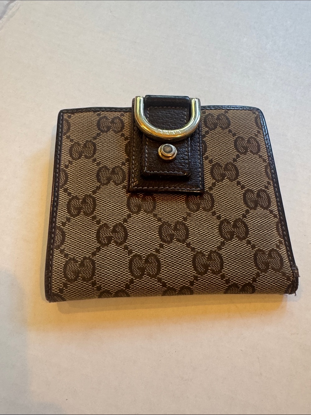 Gucci Abbey D-Ring Brown GG Canvas Compact Wallet with Gold Hardware